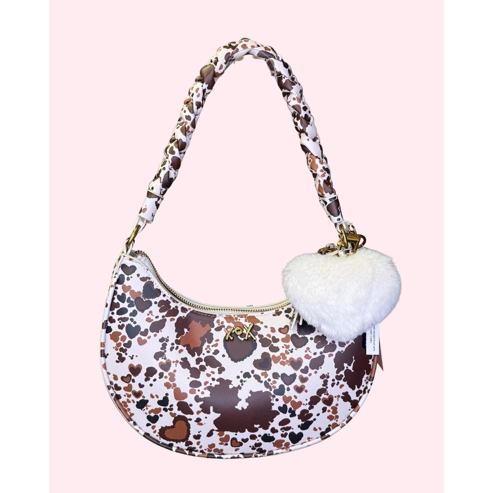 Betsey Johnson Xonorthy Faux Cowhide Shoulder Bag Heart Charm Brown White NWT